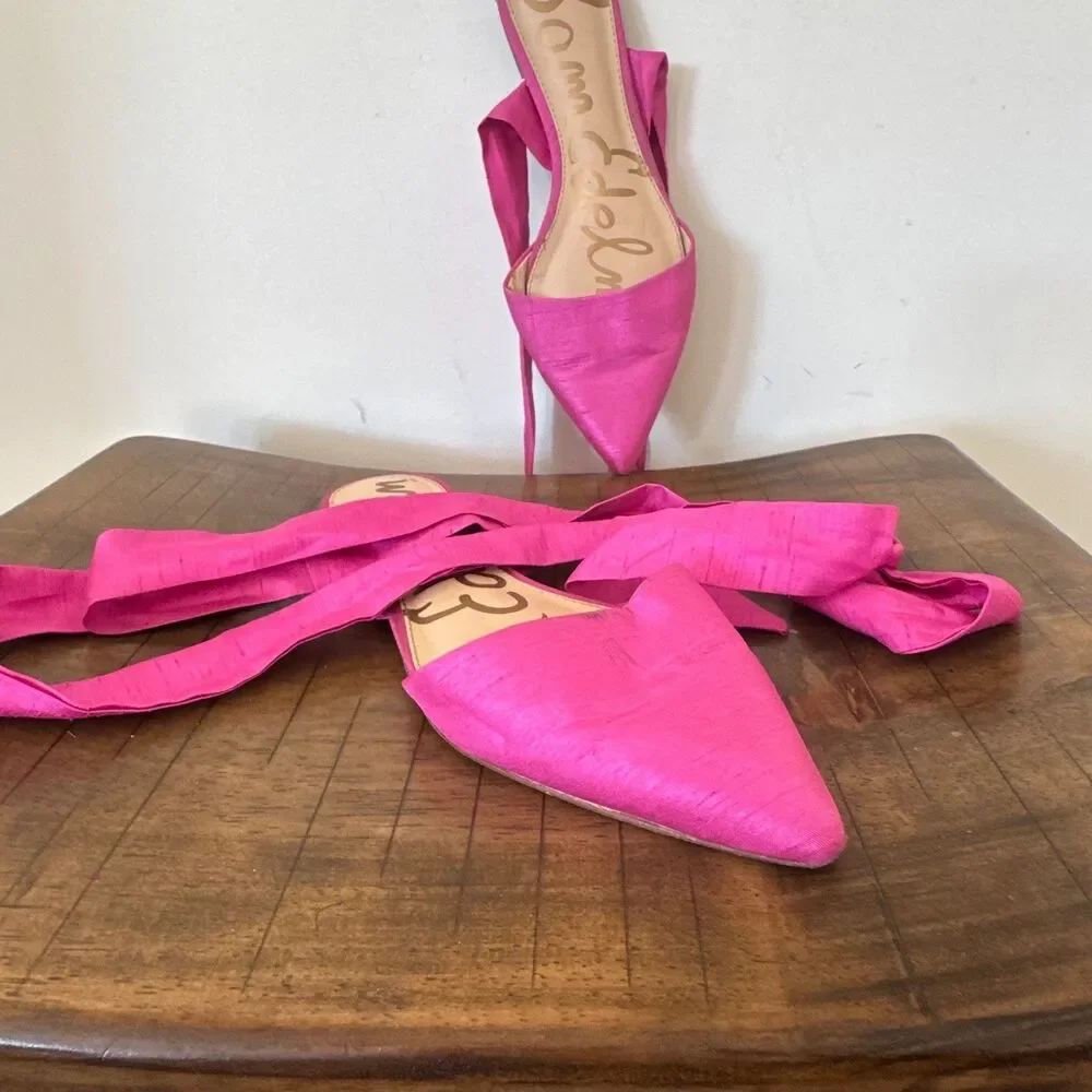 Sam Edelman Lace Up Ballet Flats Pink Satin Wrap Tie Pointed Toe Shoes 8.5 - Picture 3 of 7